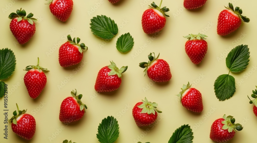 An overhead view of freshly picked strawberries arranged in a geometric pattern, highlighting the contrast between the red fruits and their green leaves An overhead view of freshly picked strawberries arranged in a geometric pattern, highlighting the contrast between the red fruits and their green leaves