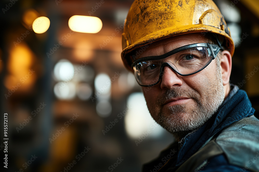 Professional middle-aged steel plant worker with safety glasses and a yellow helmet, looking at the camera in a blurred industrial setting. Highlights safety, industry, and skilled labor. Professional middle-aged steel plant worker with safety glasses and a yellow helmet, looking at the camera in a blurred industrial setting. Highlights safety, industry, and skilled labor.