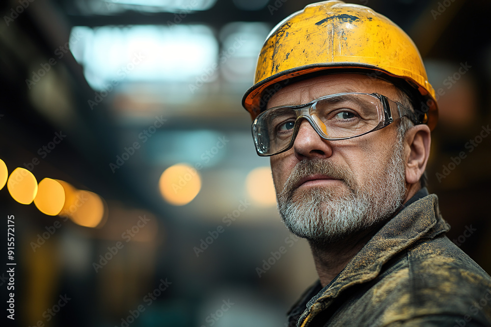 Middle-aged industrial worker in a steel plant wearing safety gear and a yellow helmet, confidently facing the camera with an out-of-focus background. Emphasizes safety and professional experience. Middle-aged industrial worker in a steel plant wearing safety gear and a yellow helmet, confidently facing the camera with an out-of-focus background. Emphasizes safety and professional experience.