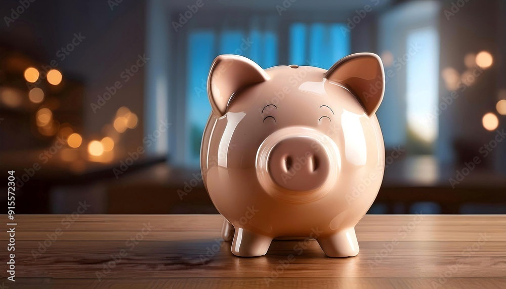 Piggy Bank on Table with Bokeh Background Piggy Bank on Table with Bokeh Background