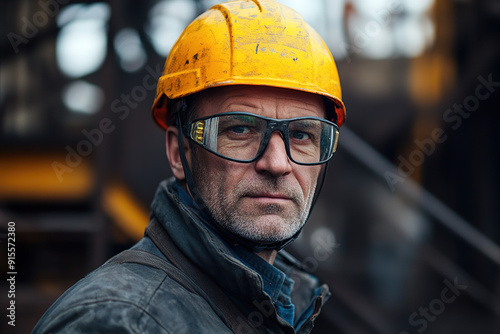 Professional middle-aged steel plant worker with safety glasses and a yellow helmet, looking at the camera in a blurred industrial setting. Highlights safety, industry, and skilled labor.