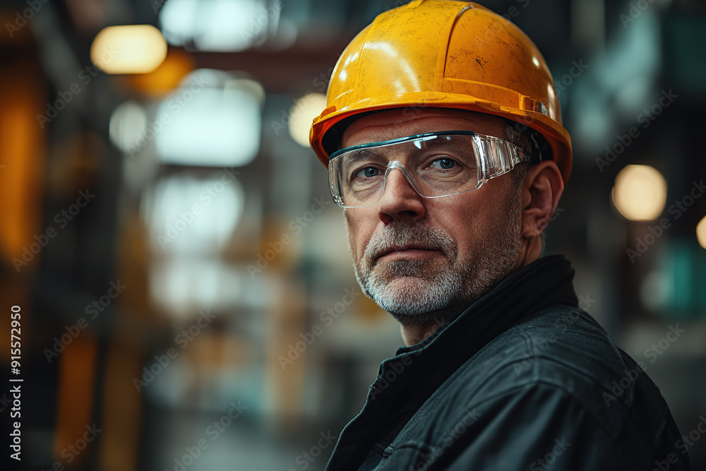 Dedicated middle-aged worker in a steel plant, donning safety glasses and a yellow helmet, posing for a photo with a blurred factory environment. Focuses on industrial safety and professionalism. Dedicated middle-aged worker in a steel plant, donning safety glasses and a yellow helmet, posing for a photo with a blurred factory environment. Focuses on industrial safety and professionalism.