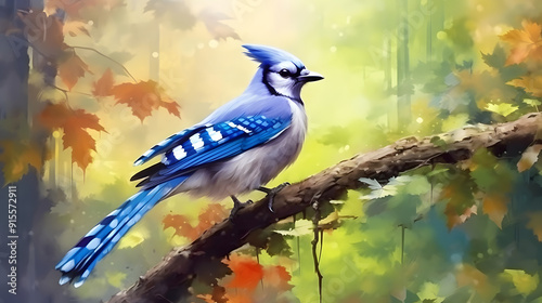 Blue Jay in nature watercolor style photo