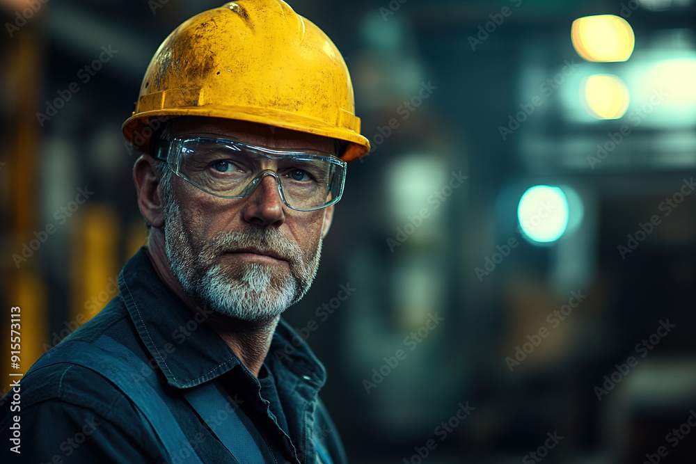 Dedicated middle-aged worker in a steel plant, donning safety glasses and a yellow helmet, posing for a photo with a blurred factory environment. Focuses on industrial safety and professionalism. Dedicated middle-aged worker in a steel plant, donning safety glasses and a yellow helmet, posing for a photo with a blurred factory environment. Focuses on industrial safety and professionalism.