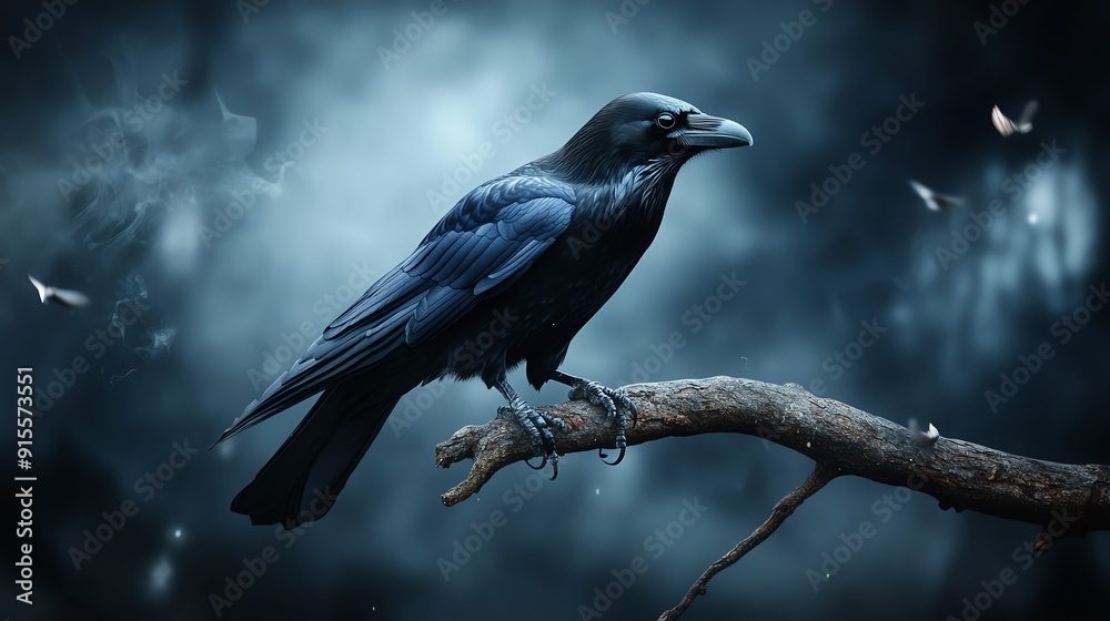 A solitary raven perched on a branch in a dark, mysterious forest. A solitary raven perched on a branch in a dark, mysterious forest.