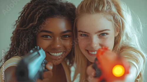 portrait of excited girlfriends playing enthusiastically laser tag game two teams opposite each other in dark room isolated on white background, png photo