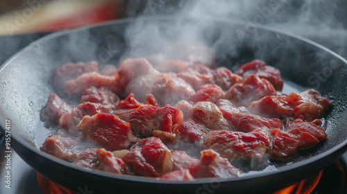 Pratos de carne picante, vapor e chamas na panela, e a cor é tentadora. photo