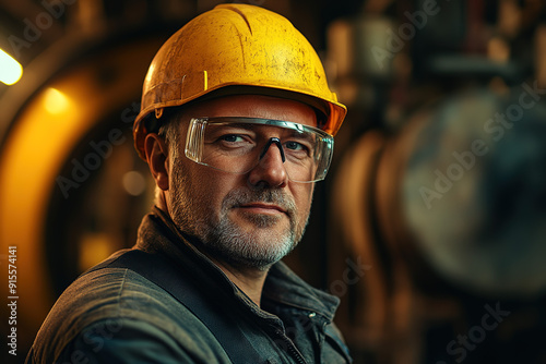Dedicated middle-aged worker in a steel plant, donning safety glasses and a yellow helmet, posing for a photo with a blurred factory environment. Focuses on industrial safety and professionalism.