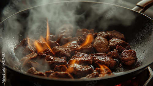 Pratos de carne picante, vapor e chamas na panela, e a cor é tentadora. photo