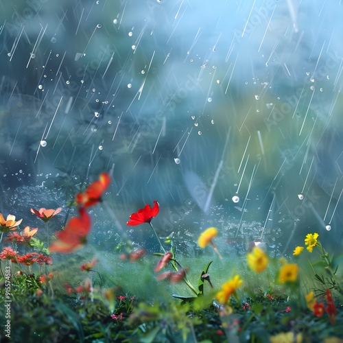 A rainy scene with raindrops falling on a meadow filled with colorful flowers, blurred background.