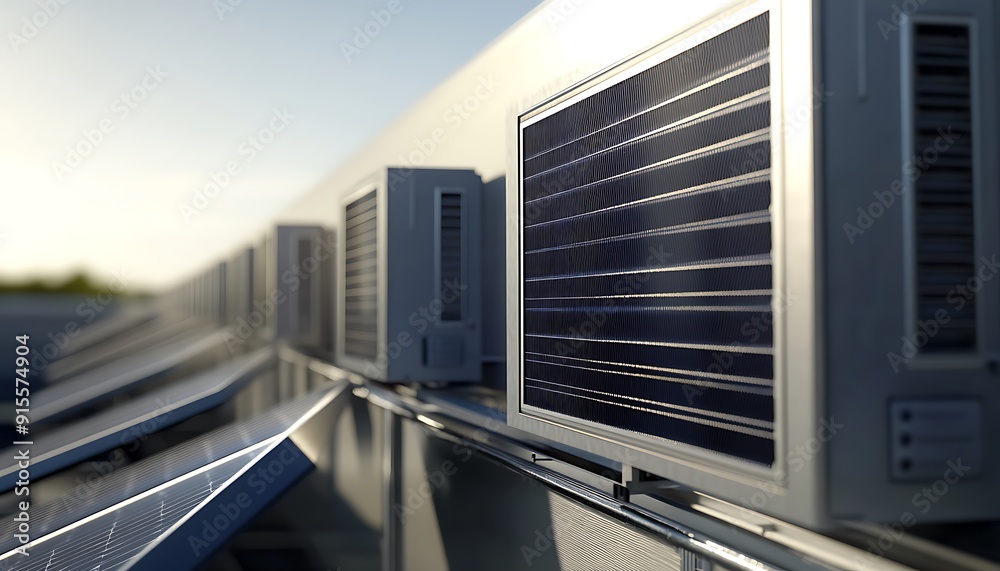Fototapeta premium Close-Up Photo of Solar Panels Powering Industrial Refrigeration System with Bright Sunlight
