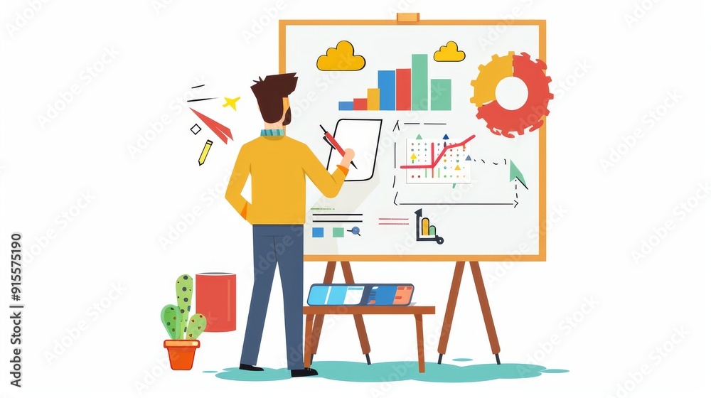 Business Meeting: Brainstorming and Planning Strategy with Charts on Whiteboard Business Meeting: Brainstorming and Planning Strategy with Charts on Whiteboard