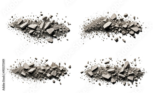 Multiple piles of crushed stone and gravel in different formations against a clean, white backdrop showcase texture and material variation photo