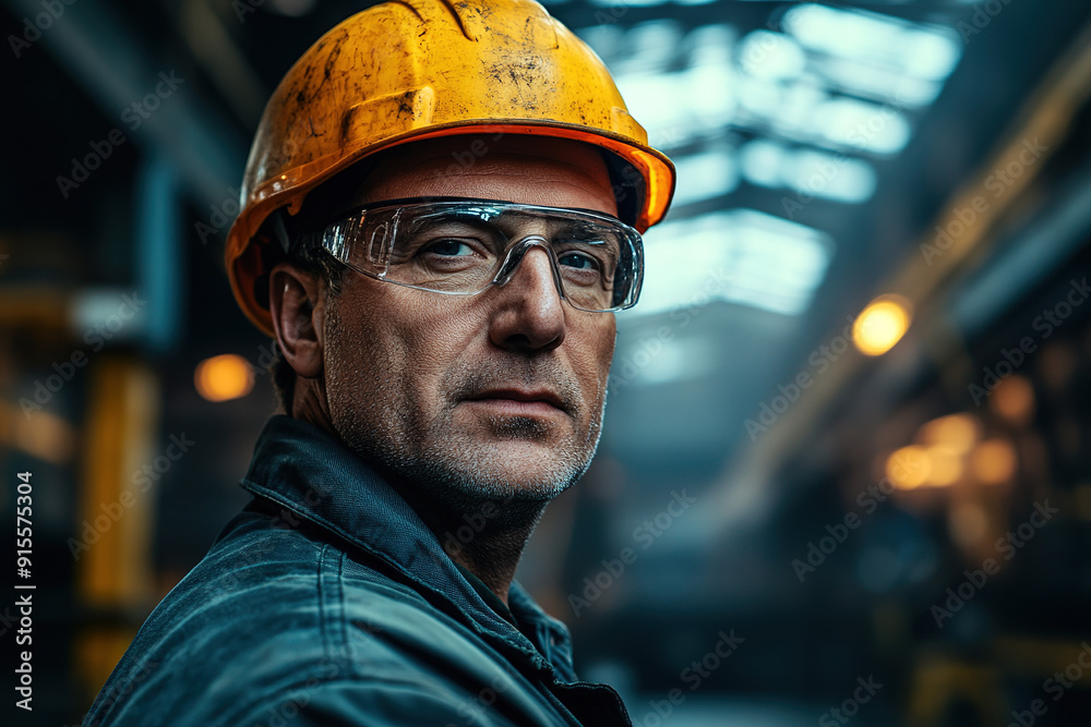 Experienced middle-aged factory worker in a steel plant wearing a yellow helmet and safety glasses, standing confidently with an industrial backdrop. Highlights safety and professionalism in a manufac Experienced middle-aged factory worker in a steel plant wearing a yellow helmet and safety glasses, standing confidently with an industrial backdrop. Highlights safety and professionalism in a manufac