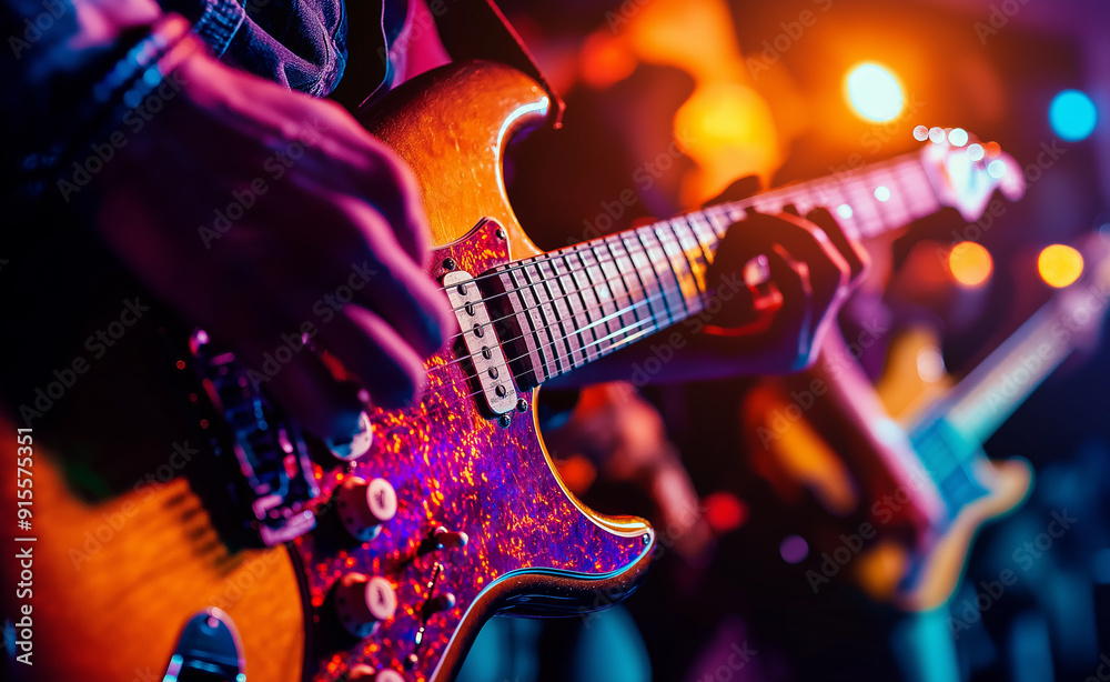 Fototapeta premium A close-up of a musician playing an electric guitar on stage during a live performance.