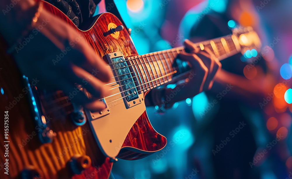 Obraz premium A close-up of a musician playing an electric guitar on stage during a live performance.