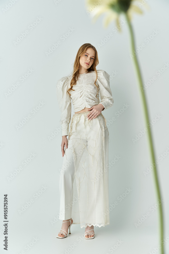 A young woman elegantly poses with flowers, embodying grace and beauty. A young woman elegantly poses with flowers, embodying grace and beauty.