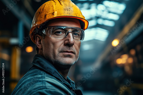 Experienced middle-aged factory worker in a steel plant wearing a yellow helmet and safety glasses, standing confidently with an industrial backdrop. Highlights safety and professionalism in a manufac photo