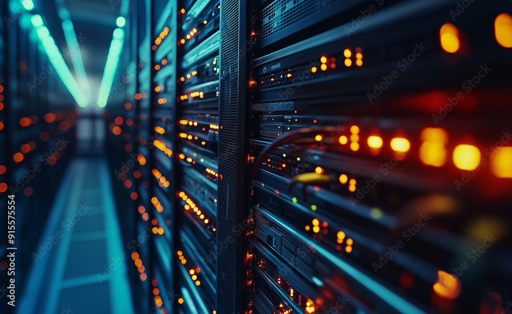 A close-up view of server racks with visible cabling in a data center environment. A close-up view of server racks with visible cabling in a data center environment.