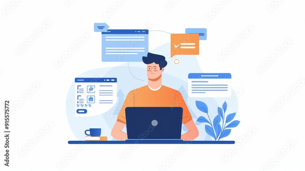 Man Working on Laptop - Technology and Business Illustration Man Working on Laptop - Technology and Business Illustration