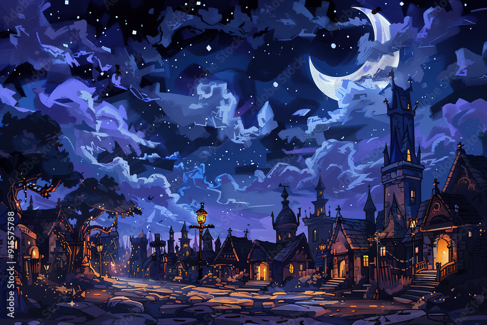 Fototapeta premium Medieval town illuminated by street lamps under a crescent moon and starry sky