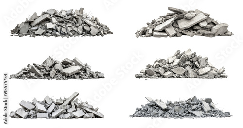 Multiple mounds of broken concrete and construction debris are stacked in an outdoor area, showcasing various sizes and shapes of the rubble