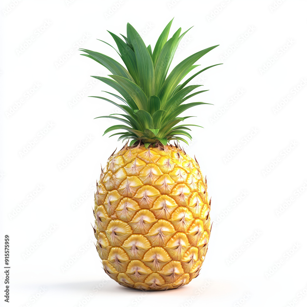 Ultra-realistic, high-definition photograph of a ripe pineapple with detailed, vibrant green leaves. The pineapple should have a natural texture with slight imperfections and realistic light reflectio Ultra-realistic, high-definition photograph of a ripe pineapple with detailed, vibrant green leaves. The pineapple should have a natural texture with slight imperfections and realistic light reflectio