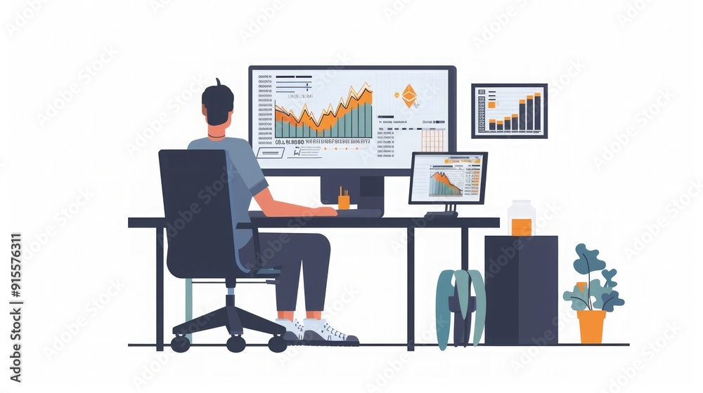 Businessman Analyzing Financial Charts on Computer Businessman Analyzing Financial Charts on Computer