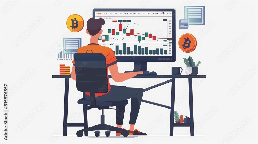 Bitcoin Trading: A Man Analyzing Cryptocurrency Charts Bitcoin Trading: A Man Analyzing Cryptocurrency Charts