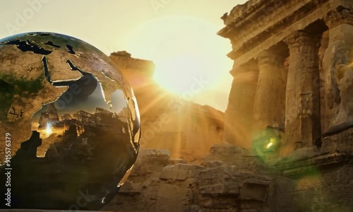 Global Legacy: Ancient Ruins at Sunset with a Glass Globe of Earth 