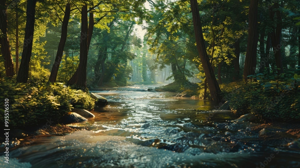 A tranquil river flowing through a forest with tall trees. A tranquil river flowing through a forest with tall trees.