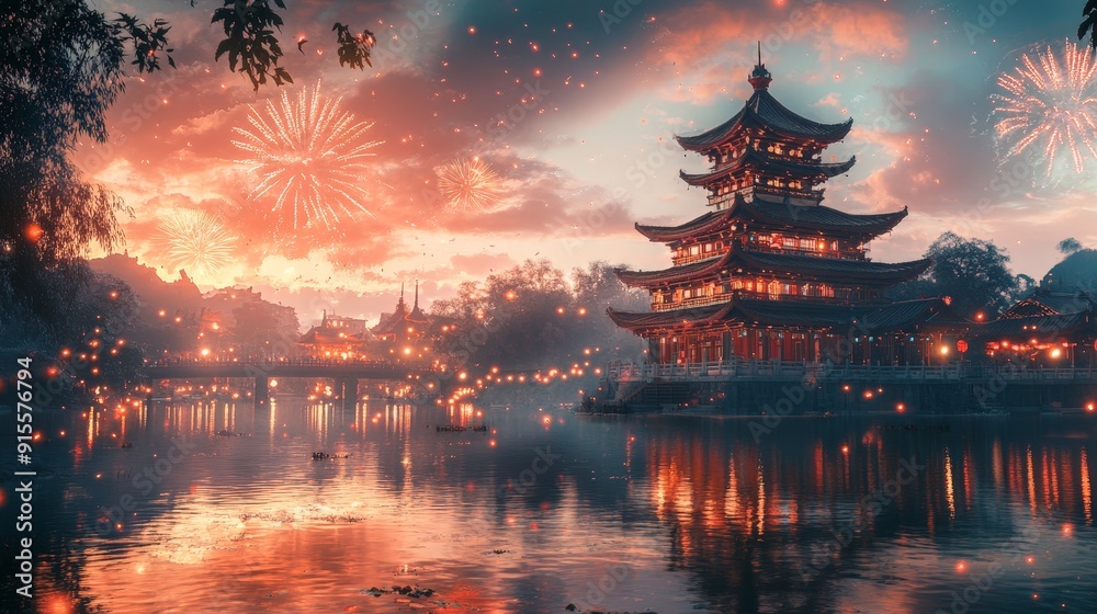 Obraz premium Festival with Fireworks and Traditional Architecture