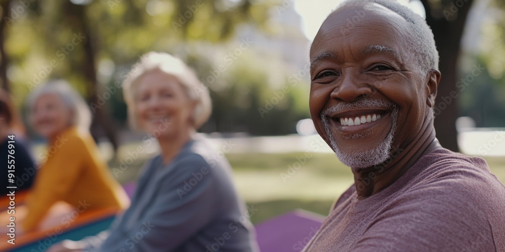 Group of seniors enjoying each other's company in a green outdoor setting Group of seniors enjoying each other's company in a green outdoor setting