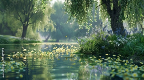 A tranquil riverbank with willow trees and flowers in bloom.