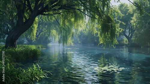 A tranquil riverside with willows hanging over the water.