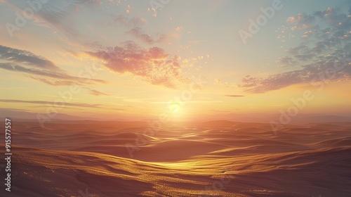 A tranquil sunrise over a desert landscape with the sun rising above the horizon.