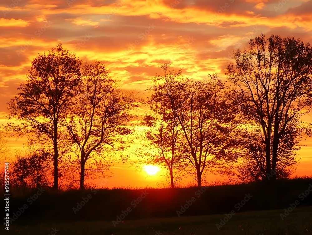 A beautiful sunset with a group of trees in the background. The trees are silhouetted against the orange sky, A beautiful sunset with a group of trees in the background. The trees are silhouetted against the orange sky,