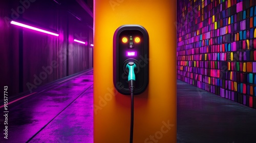 Electric vehicle charger glows in a futuristic garage, illuminating a colorful wall with neon light, representing sustainable transportation and clean energy in a modern urban setting
