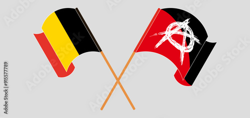 Crossed and waving flags of Belgium and Anarchy