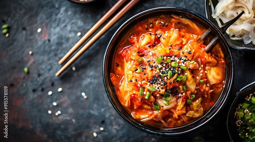 A vibrant bowl of kimchi with chopsticks, accompanied by other fermented foods like sauerkraut, showcasing their rich colors and health benefits photo