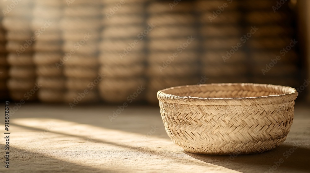 Fototapeta premium Artisanal basket with detailed weave, drying in a rustic workshop, warm sunlight filtering through, capturing texture and craftsmanship