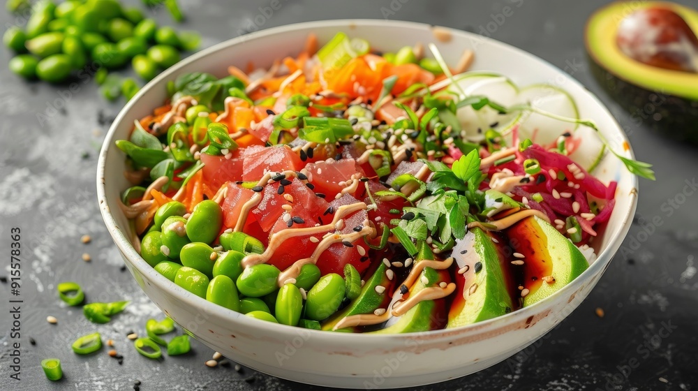 A vibrant and colorful poke bowl, featuring fresh diced tuna, avocado, edamame, pickled vegetables, and a drizzle of creamy sesame dressing. A vibrant and colorful poke bowl, featuring fresh diced tuna, avocado, edamame, pickled vegetables, and a drizzle of creamy sesame dressing.