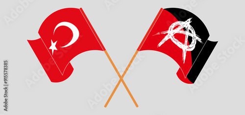 Crossed and waving flags of Turkiye and Anarchy