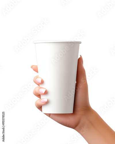 Hand Grasping a Plain White Paper Cup Against a transparent Background