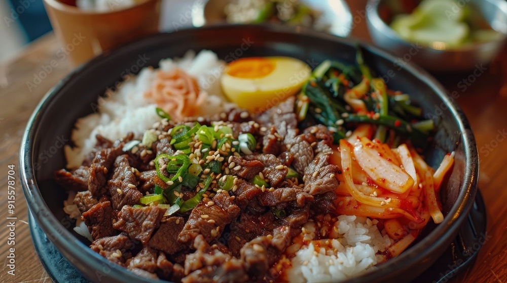 A vibrant and flavorful plate of beef bulgogi, with tender marinated beef, saut?(C)ed vegetables, and a side of steamed rice A vibrant and flavorful plate of beef bulgogi, with tender marinated beef, saut?(C)ed vegetables, and a side of steamed rice