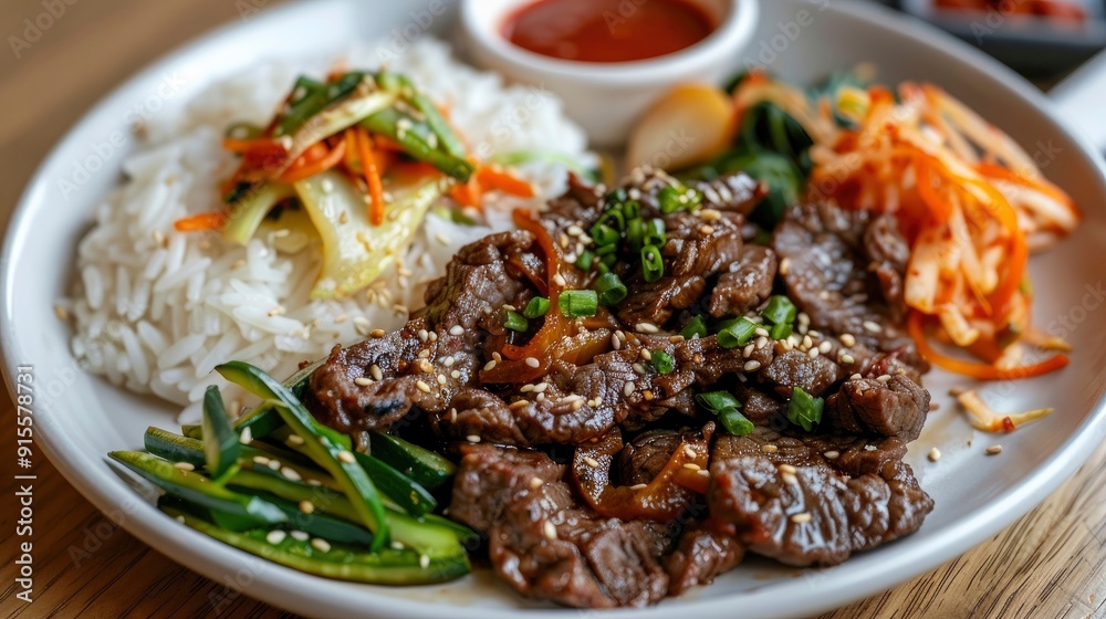 A vibrant and flavorful plate of beef bulgogi, with tender marinated beef, saut?(C)ed vegetables, and a side of steamed rice A vibrant and flavorful plate of beef bulgogi, with tender marinated beef, saut?(C)ed vegetables, and a side of steamed rice