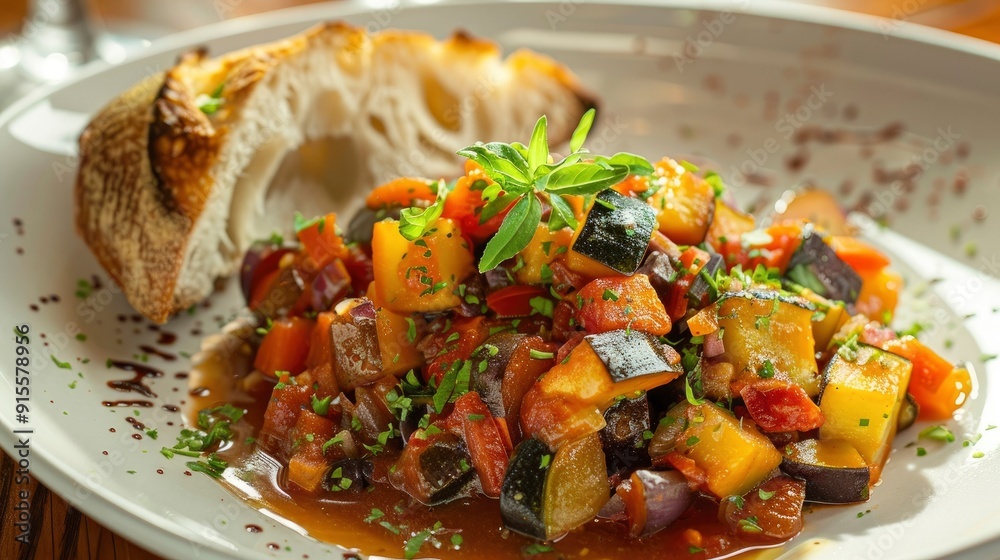 A vibrant and flavorful plate of ratatouille, with a medley of roasted vegetables in a rich tomato sauce, served with crusty bread A vibrant and flavorful plate of ratatouille, with a medley of roasted vegetables in a rich tomato sauce, served with crusty bread