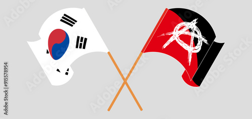 Crossed and waving flags of South Korea and Anarchy