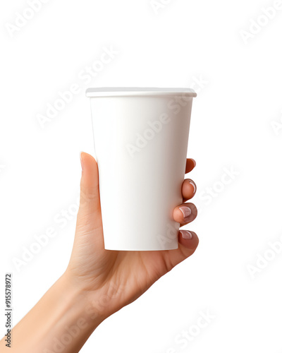 Hand Grasping a Plain White Paper Cup Against a transparent Background