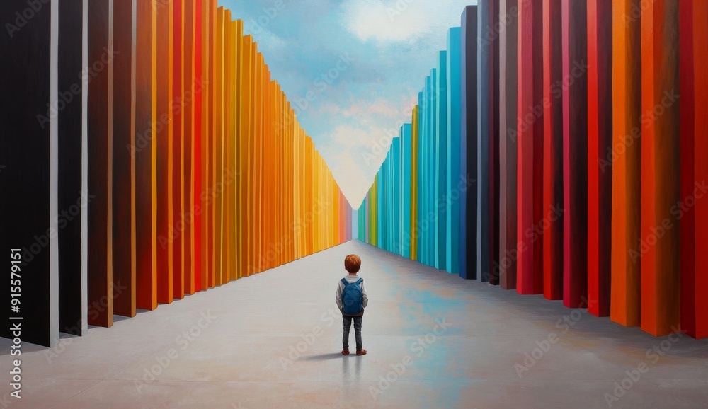 A child with a backpack standing in the center of an enormous library filled with sparse, colorful bookshelves stretching far into the distance.